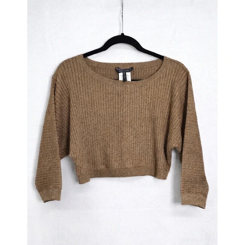 Gold Metallic Cropped Sweater Women Medium Chic Dressy Top BCBG - Picture 1 of 8